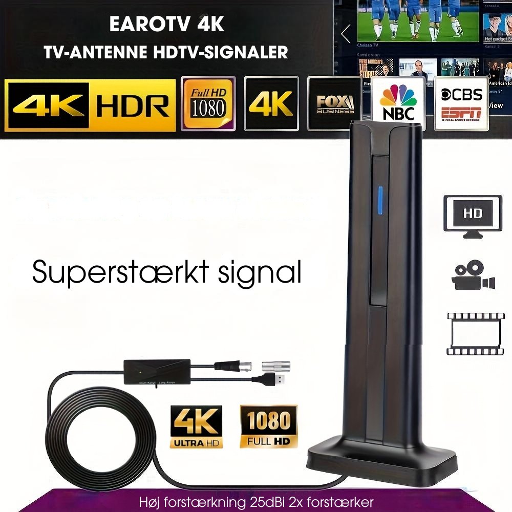 EaroTV 4K™ - Få gratis HD-kanaler uden kabel, smart-tv eller Wi-Fi