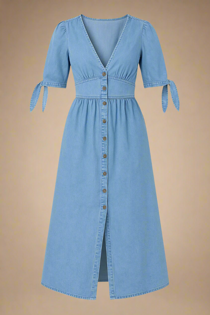 Celina Kjole | Lang denimkjole med knapper og markeret talje