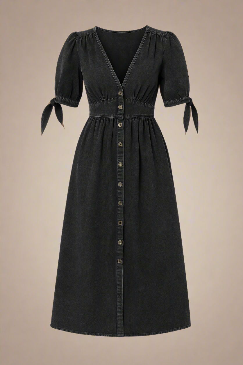 Celina Kjole | Lang denimkjole med knapper og markeret talje