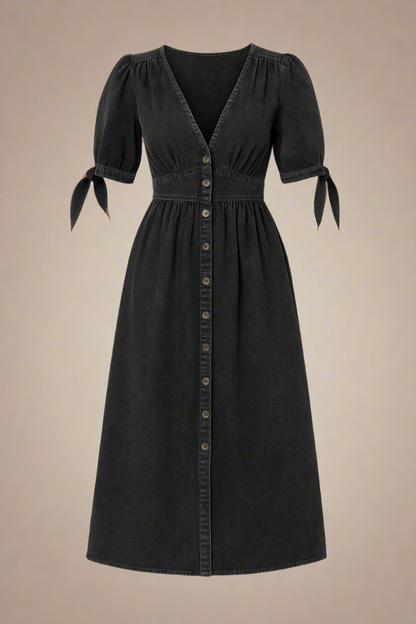 Celina Kjole | Lang denimkjole med knapper og markeret talje