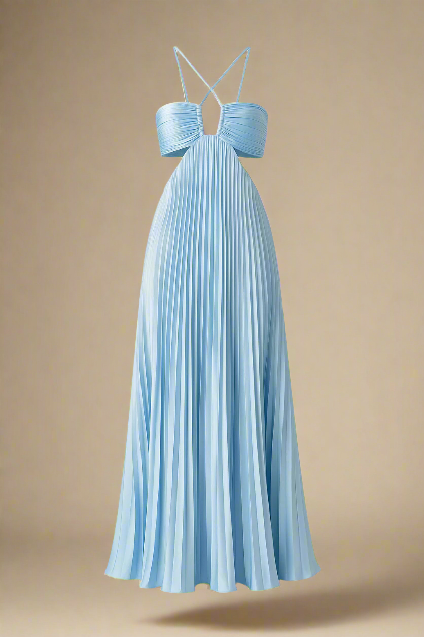 SOFIE KJOLE | Lang plisseret kjole med krydsstropper og struktureret bryst