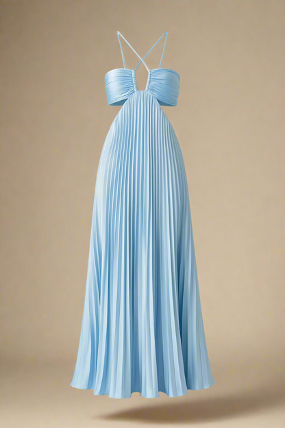 SOFIE KJOLE | Lang plisseret kjole med krydsstropper og struktureret bryst